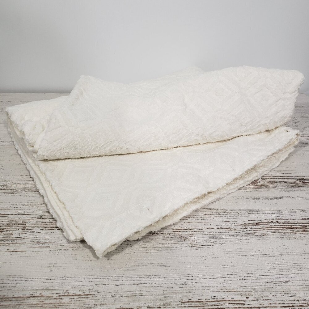 Chenille White Shower Curtain  Diamond Pattern  66" wide X 62" long